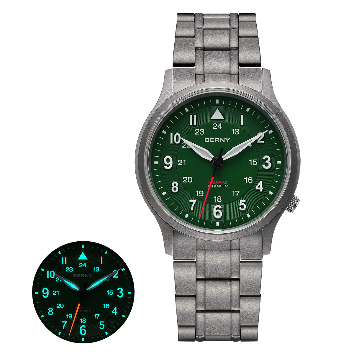 The Berny watch showcases a durable titanium band and a deep green dial. It features luminous hands and markers for easy reading in the dark, as displayed in the inset. This watch combines a stylish aesthetic with practical functionality, perfect for any occasion.