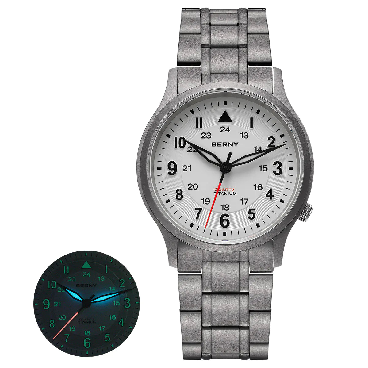 The Berny watch features a titanium band with a clean white dial. It includes luminous hands and markers for enhanced night visibility, as shown in the inset image. This timepiece offers a classic yet functional design suitable for everyday wear.