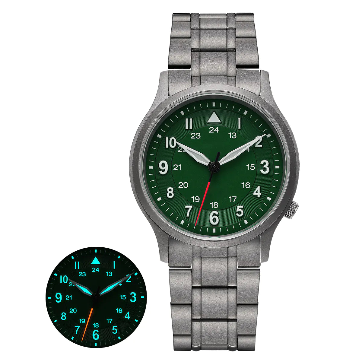 The Berny watch features a titanium band and an elegant green dial. It showcases luminous hands and markers for optimal visibility in dark conditions, as shown in the inset. This watch elegantly balances style with functionality, ideal for any setting.