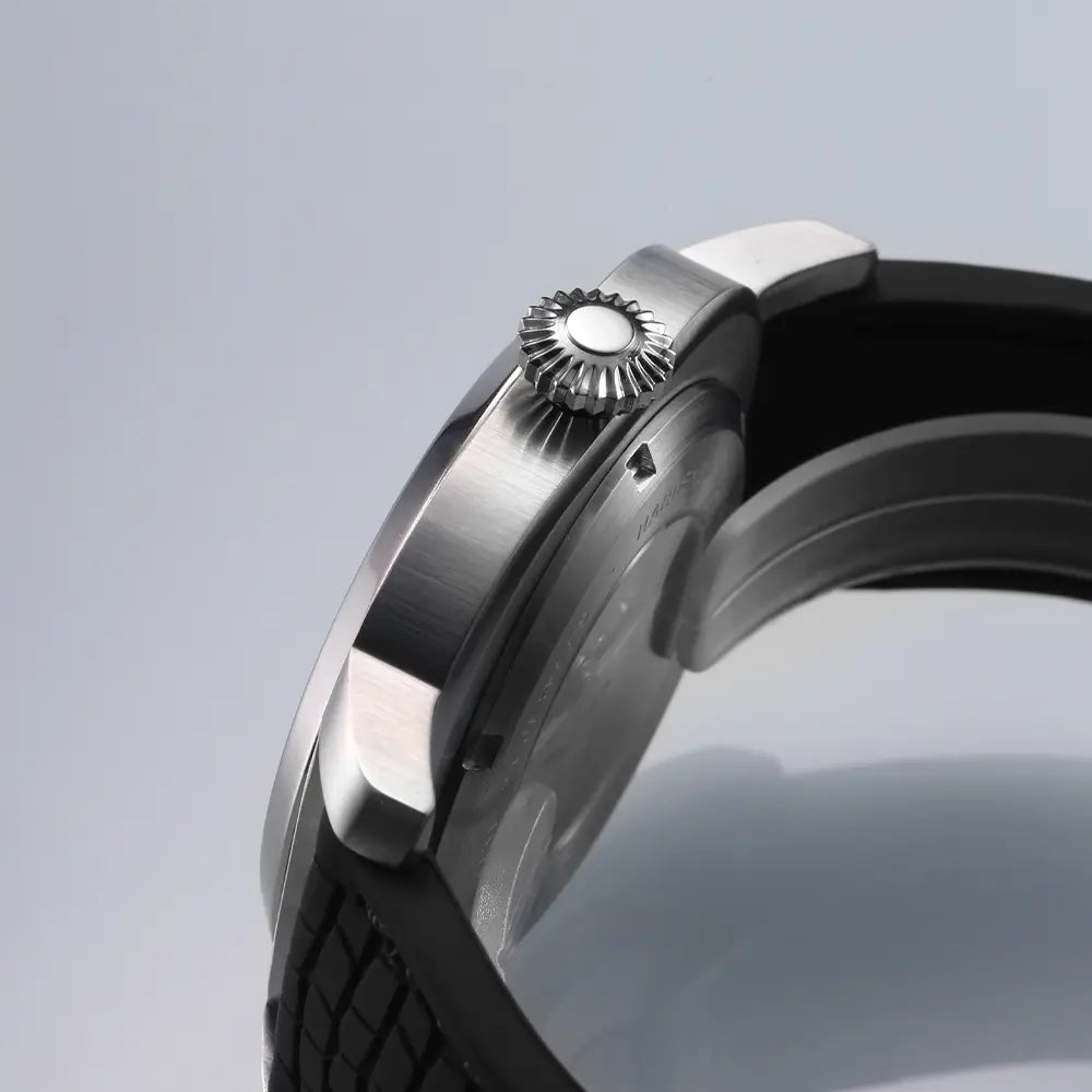 onion crown and brushed stainless steel case