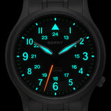 This Berny watch displays a luminous glow for enhanced visibility in the dark. The black dial features both 12-hour and 24-hour markers, with glowing hands and numbers for easy time reading. The design blends style with functionality, perfect for nighttime use.