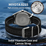 miyota 8215 automatic movement;solid titanium case and canvas strap