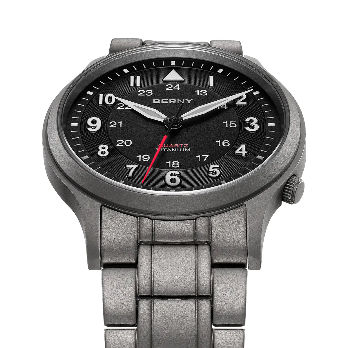 This Berny watch features a sleek titanium bracelet and a black dial. It includes 12-hour and 24-hour markers, with luminous hands for clear readability. The quartz movement ensures precision, making it both a stylish and reliable timepiece.