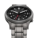 This Berny watch features a sleek titanium bracelet and a black dial. It includes 12-hour and 24-hour markers, with luminous hands for clear readability. The quartz movement ensures precision, making it both a stylish and reliable timepiece.