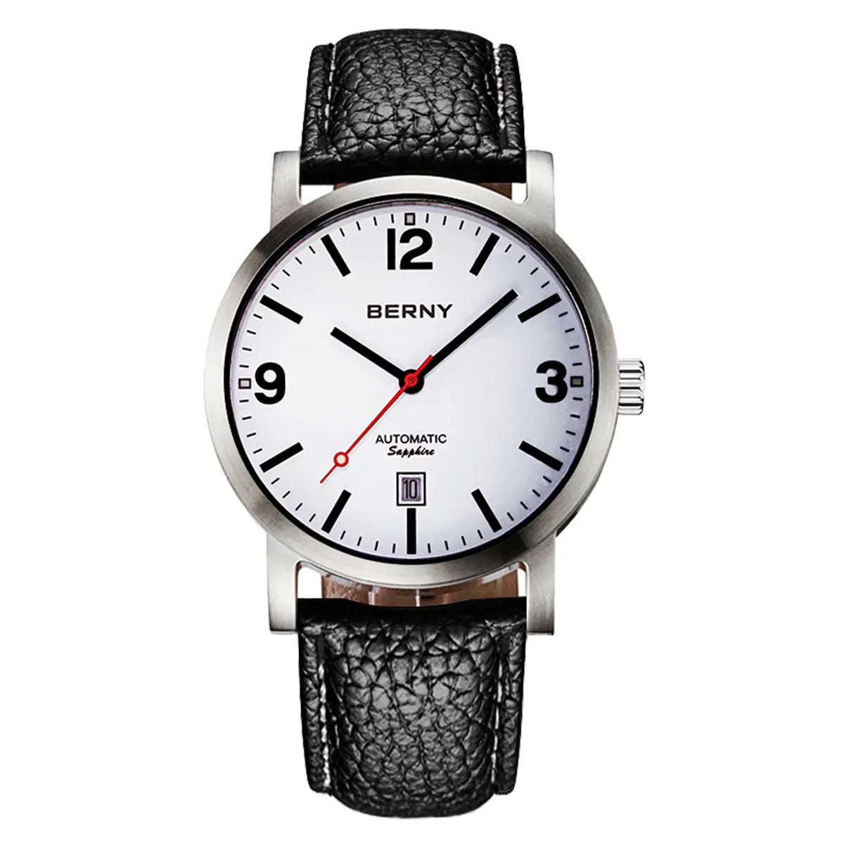 AM038M-B | BERNY Logo | Stainless Steel Case | White Dial | Black Leather Strap