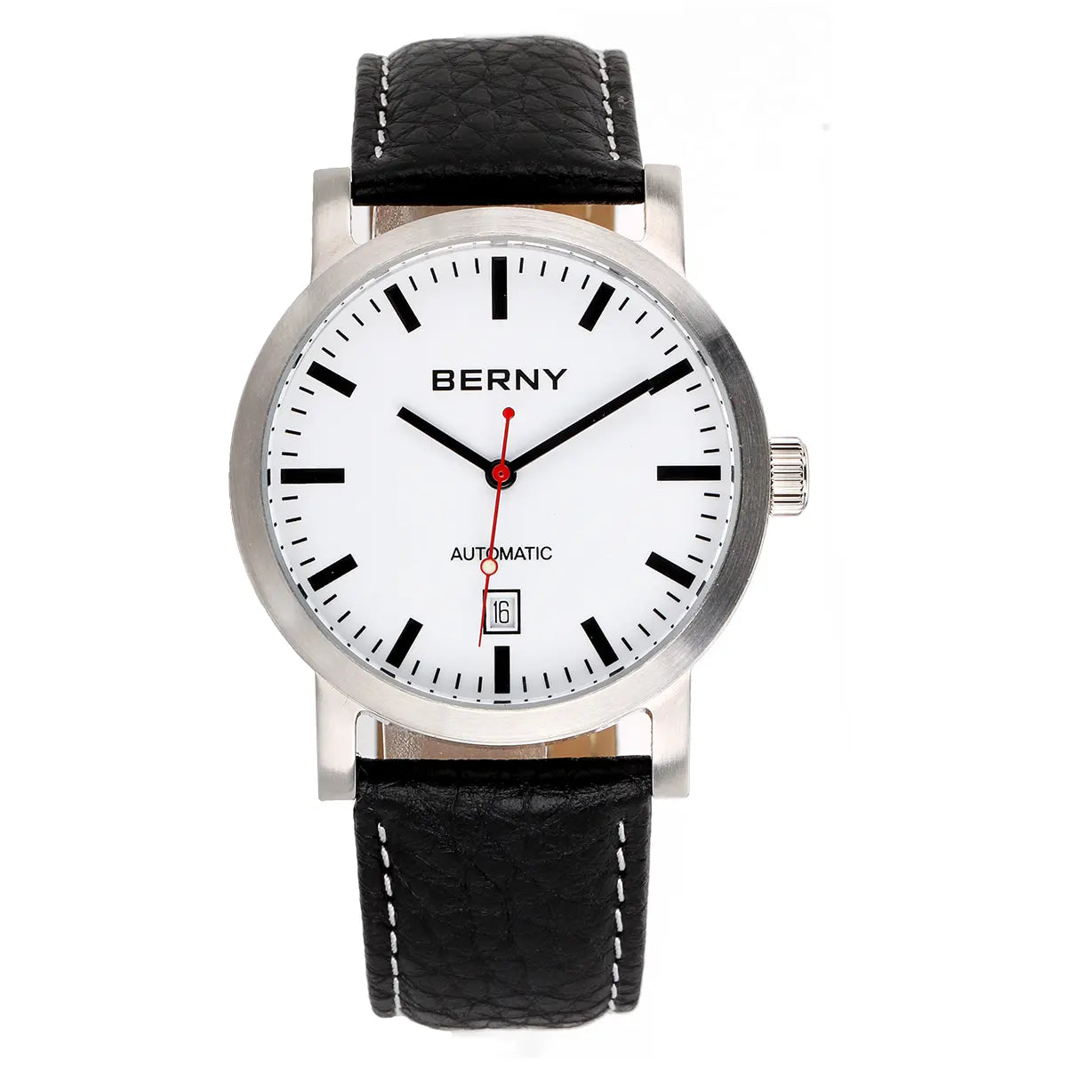 AM7068M-B | BERNY Logo | Stainless Steel Case | White Dial | Black Leather Strap