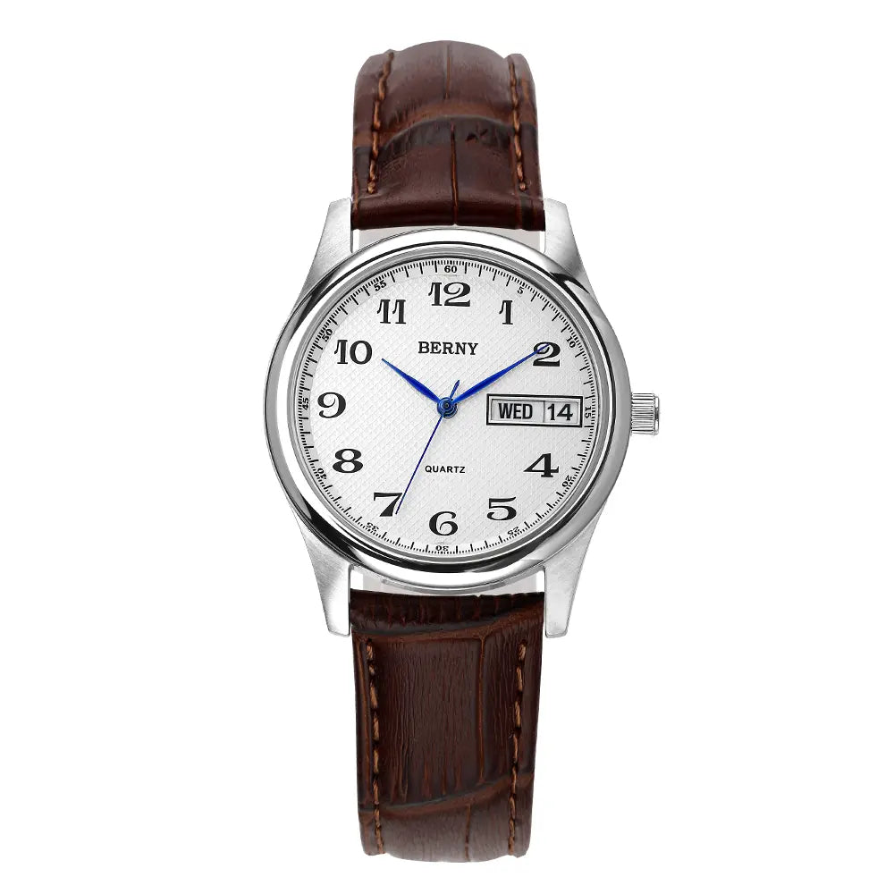 BERNY-2623L-B | Stainless Steel Case | White Dial | Brown Genuine Leather Strap