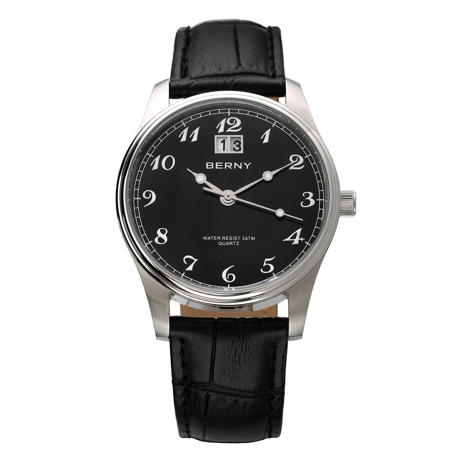 BERNY-2702M-A | Stainless Steel Case | Black Dial | Black Leather Strap