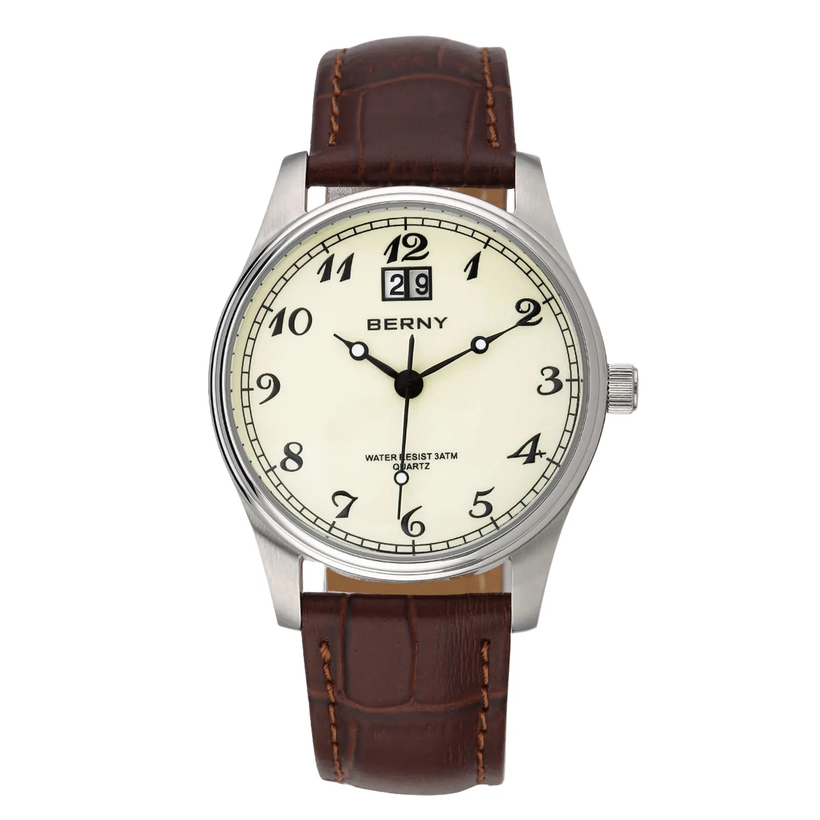 BERNY-2702M-YE | Stainless Steel Case | Cheese Dial | Brown Leather Strap