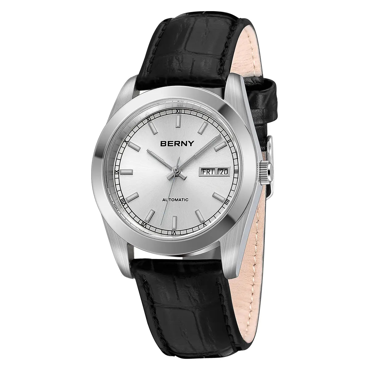 BERNY-AM009M-B | Stainless Steel Case | White Dial | Black Leather Strap