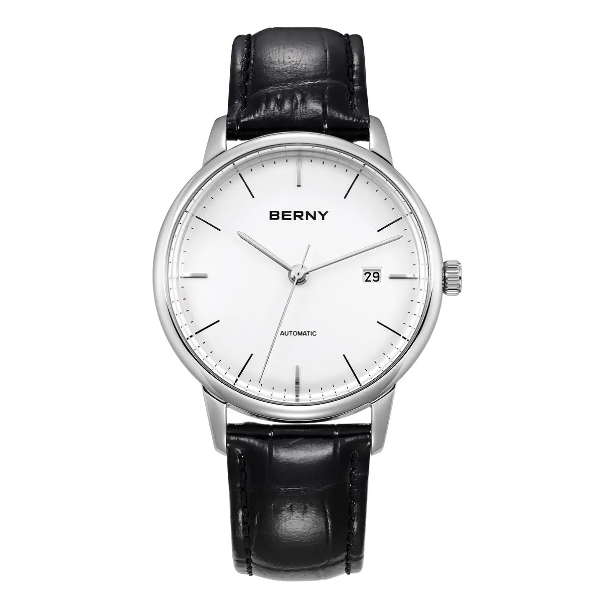 BERNY-Men Watch-AM012M-B | Stainless Steel Case | White Dial | Black Leather Strap