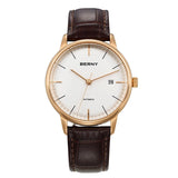 BERNY-AM012M-RG | Rose Gold Stainless Steel Case | White Dial | Brown Leather Strap