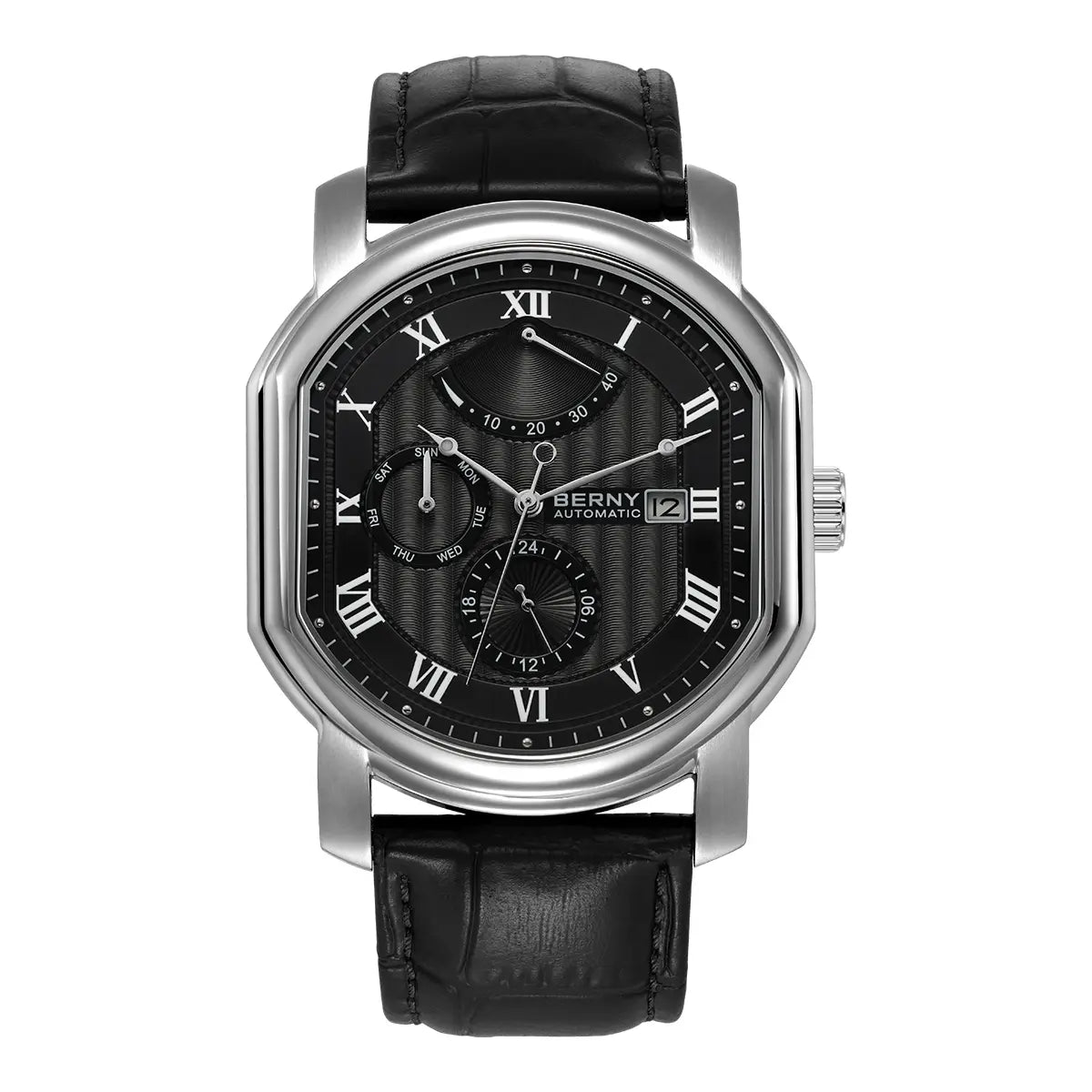 BERNY-AM050M-A | Stainless Steel Case | Black Geneva Waves Dial | Black Genuine Leather Strap
