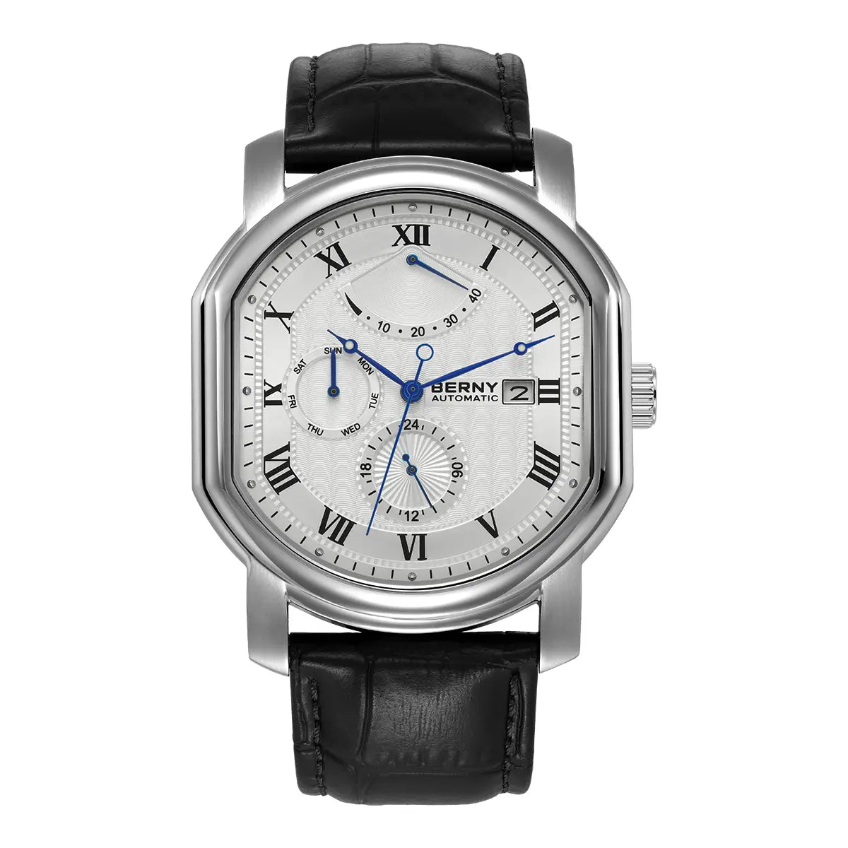 BERNY-AM050M-B | Stainless Steel Case | White Geneva Waves Dial | Blue Steel Breguet Hands | Black Genuine Leather Strap
