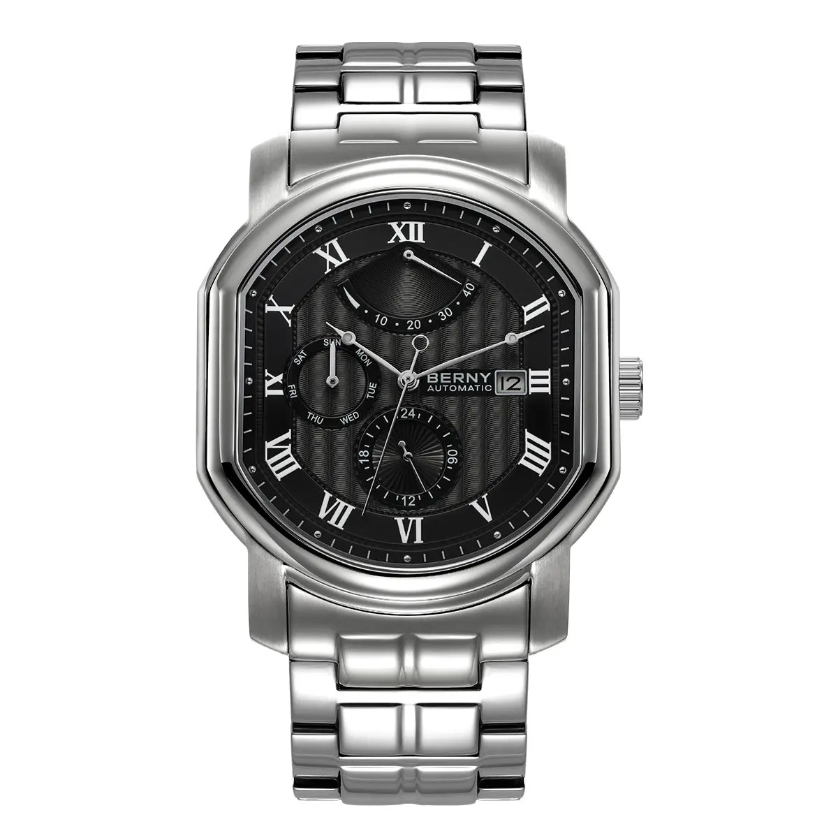 BERNY-AM050MS-A | Stainless Steel Case | Black Geneva Waves Dial | Solid Stainless Steel Strap