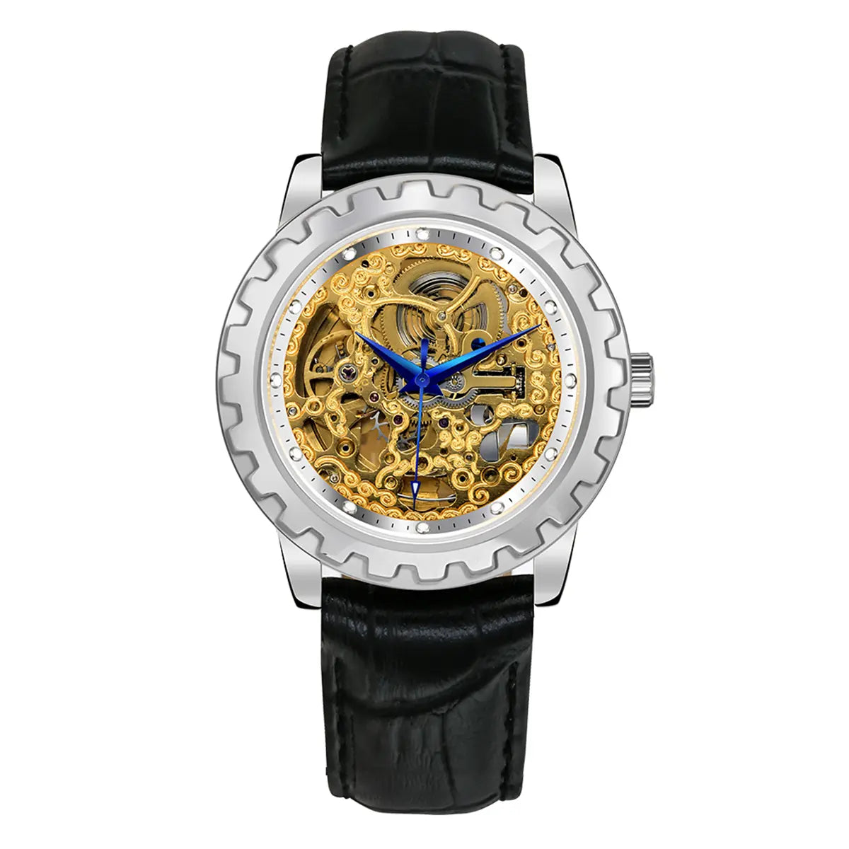 BERNY-AM7018M-A | Stainless Steel Case | Golden Skeleton | Black Leather Strap
