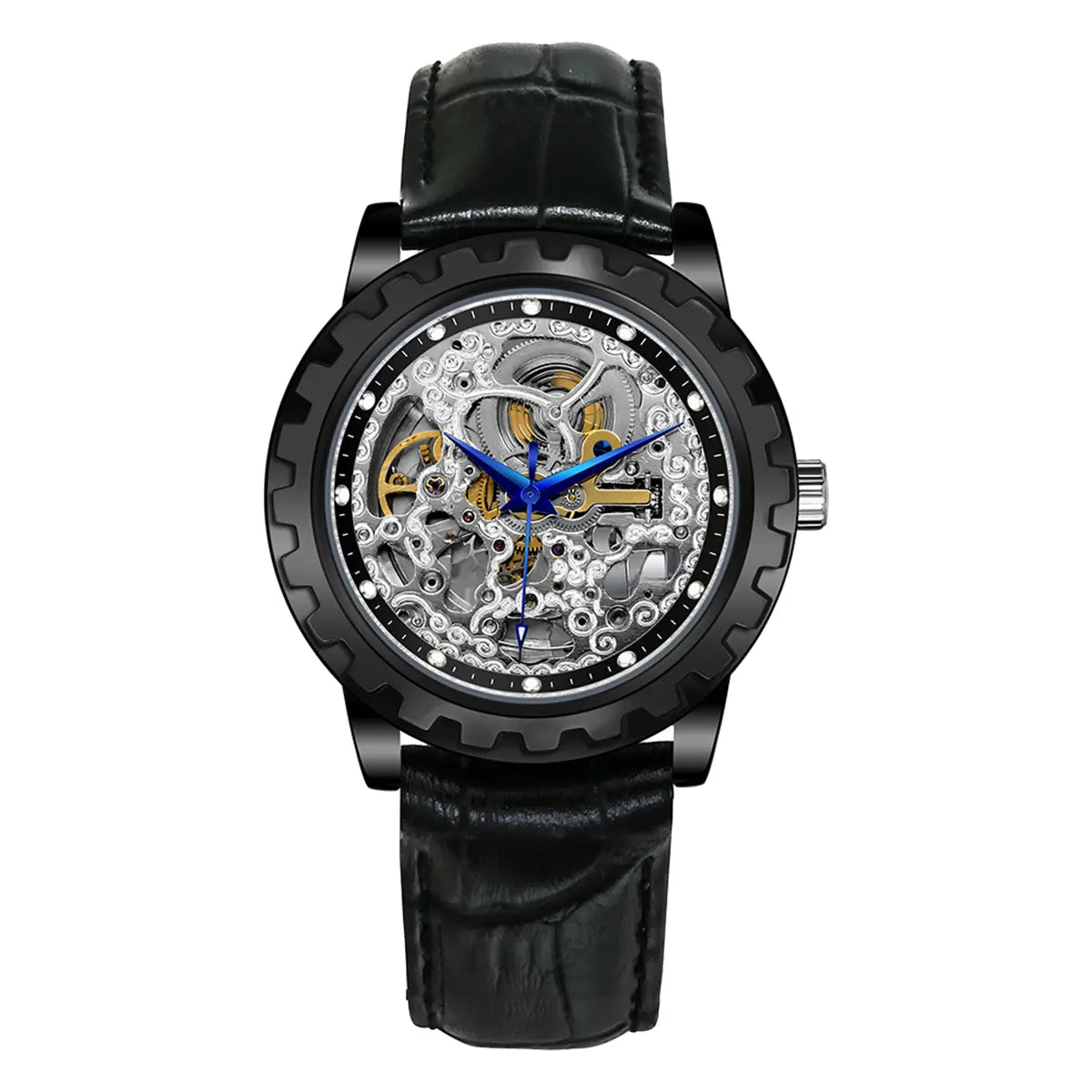 BERNY-AM7018M-BLK | Black Case | Gold Dial | Skeleton | Black Leather Strap