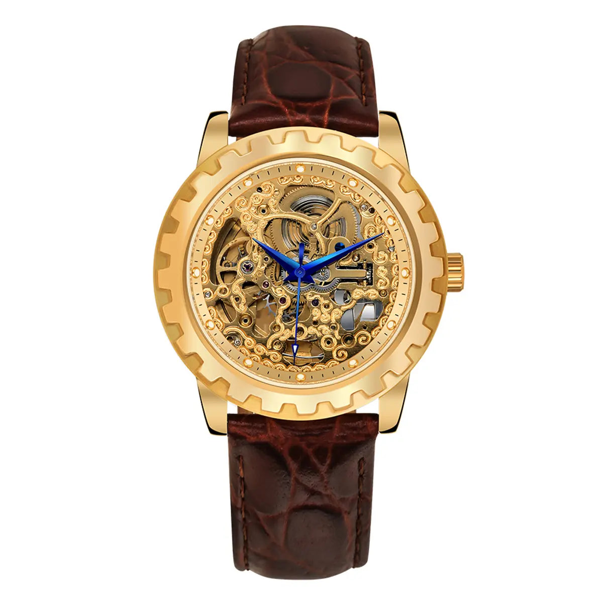 BERNY-AM7018M-Y-YE | Golden Stainless Steel Case | Golden Skeleton | Brown Leather Strap