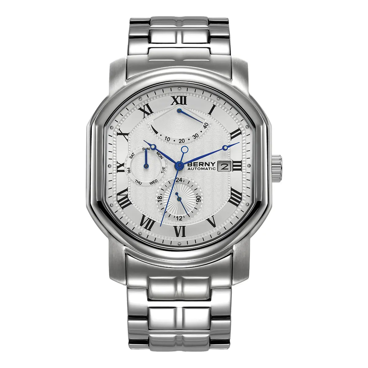 BERNY-Men Automatic Dress Watch-AM050MS-B | Stainless Steel Case | White Geneva Waves Dial | Solid Stainless Steel Strap