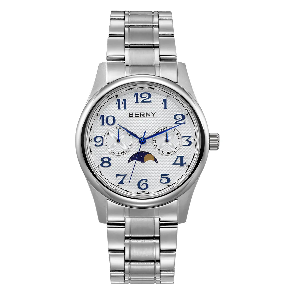 BERNY-Men Watch-2191M-B | Stainless Steel Case | White Dial | Blue Roman Numeral Indices | Blued Steel Hands | Stainless Steel Strap