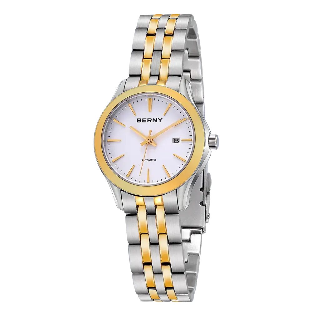 BERNY-Women Watch AM013VL-SY | Stainless Steel Case | Gold Bezel | White Dial | Golden Indices | Two-tone Gold Stainless Steel Strap