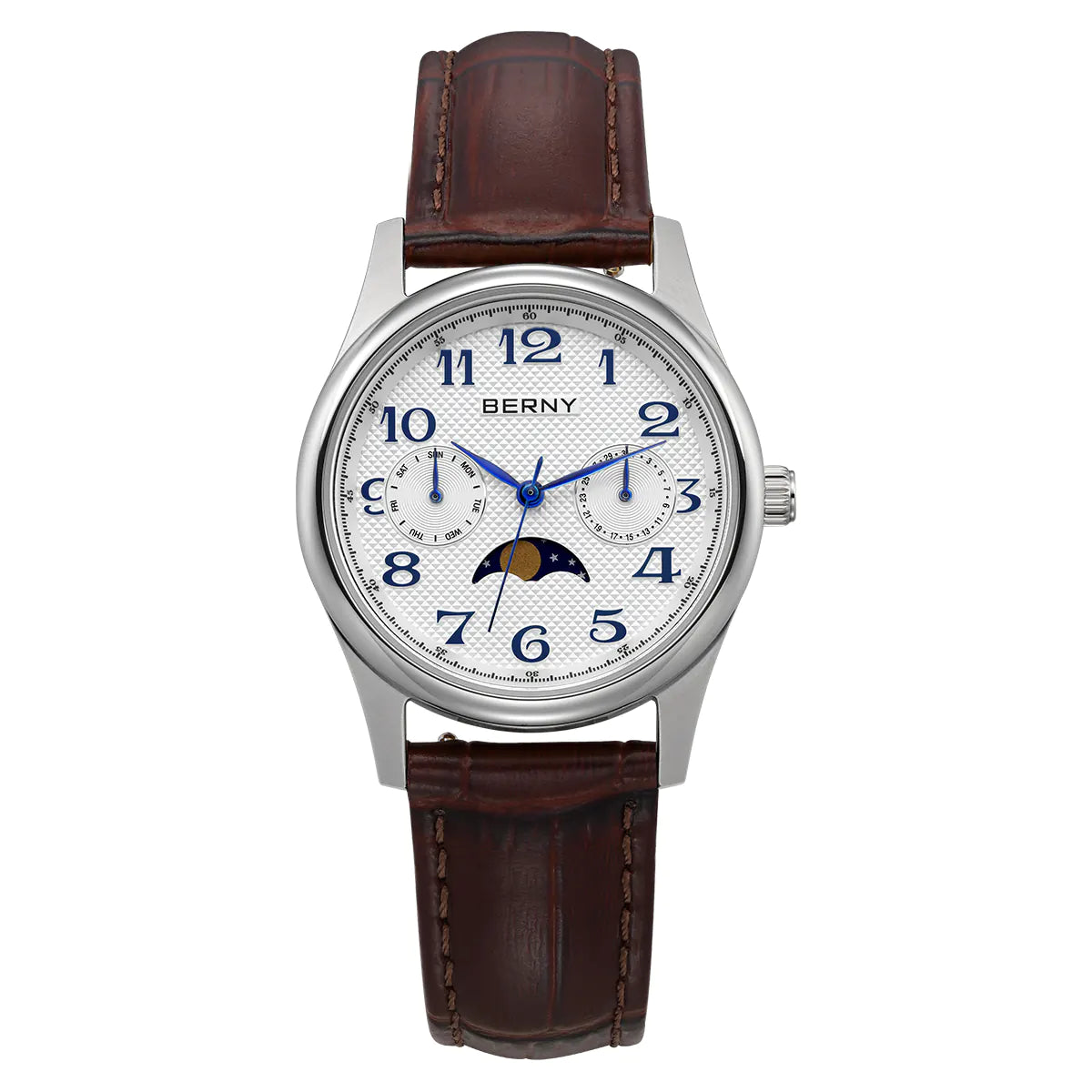 BERNY Women Watch 2190L-B | Stainless Steel Case | White Dial | Moonphase | Brown Leather Strap