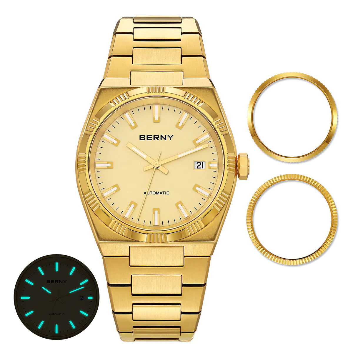 BERNY-Men Automatic Gold Dress Watch- Interchangeable Bezel- AM141M BERNY-Men Automatic Gold Dress Watch- Interchangeable Bezel- AM141M