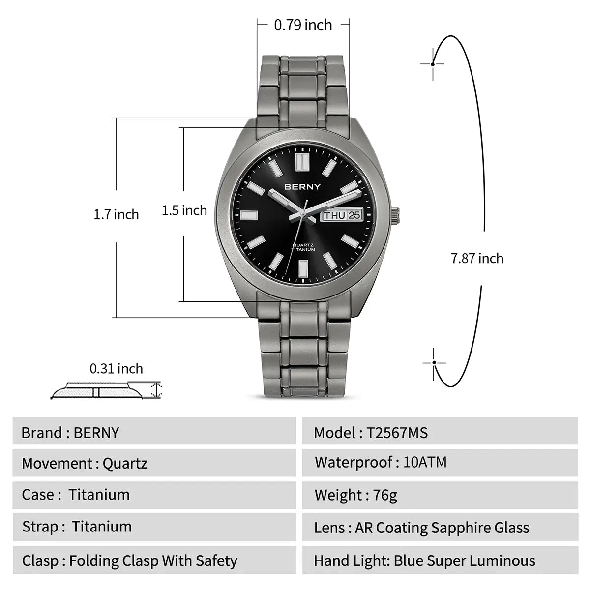 BERNY-Men Quartz Titanium Dress Watch-T2567MS