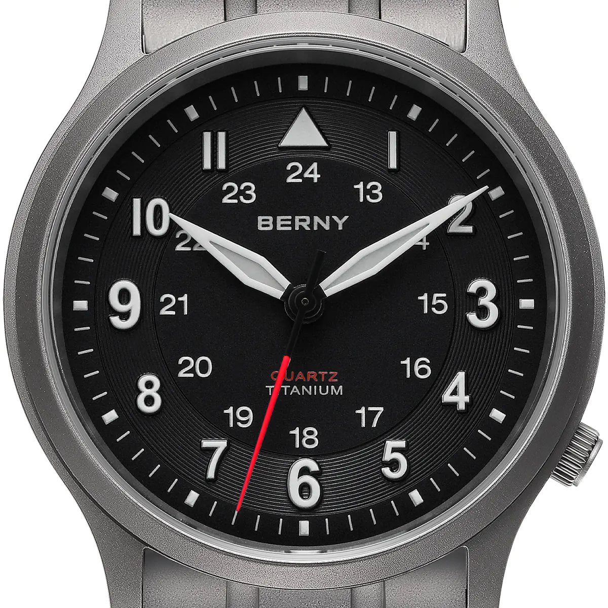 This Berny watch features a bold black dial with both 12-hour and 24-hour markers. The watch has a titanium case and displays luminous hands for enhanced visibility. Its precise quartz movement ensures accurate timekeeping, embodying both style and functionality.