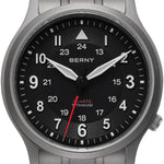 This Berny watch features a bold black dial with both 12-hour and 24-hour markers. The watch has a titanium case and displays luminous hands for enhanced visibility. Its precise quartz movement ensures accurate timekeeping, embodying both style and functionality.