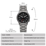 The Berny T2596MS watch features a titanium case and strap, offering a lightweight design at 72g. It includes a quartz movement and super luminous hour markers and hands. The lens is made of sapphire glass with internal AR coating. The watch has a diameter of 37mm, a thickness of 10mm, and a bracelet length of 190mm, with 5ATM water resistance.