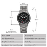 The Berny T2596MS watch features a titanium case and strap, offering a lightweight design at 72g. It includes a quartz movement and super luminous hour markers and hands. The lens is made of sapphire glass with internal AR coating. The watch has a diameter of 37mm, a thickness of 10mm, and a bracelet length of 190mm, with 5ATM water resistance.