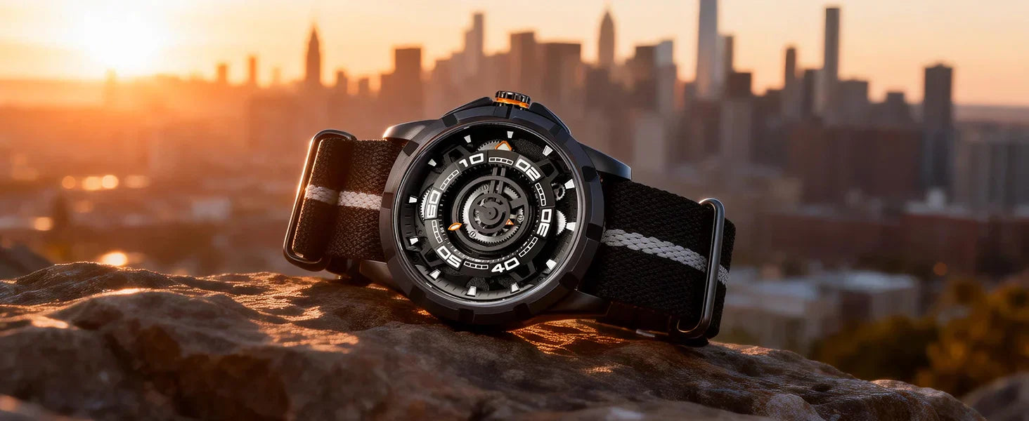 BERNY AM198M man's automatic watch with black/grey striped watchband