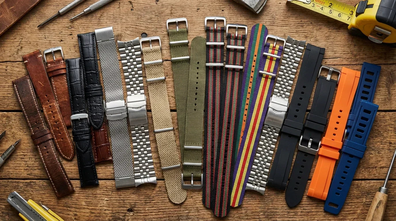 Watch strap care and maintenance tools including cleaning brushes, leather conditioner, and storage solutions for luxury watches