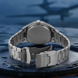 BERNY AMT143MS titanium watch shown from the back, featuring a brushed titanium case and a matching band with a folding clasp