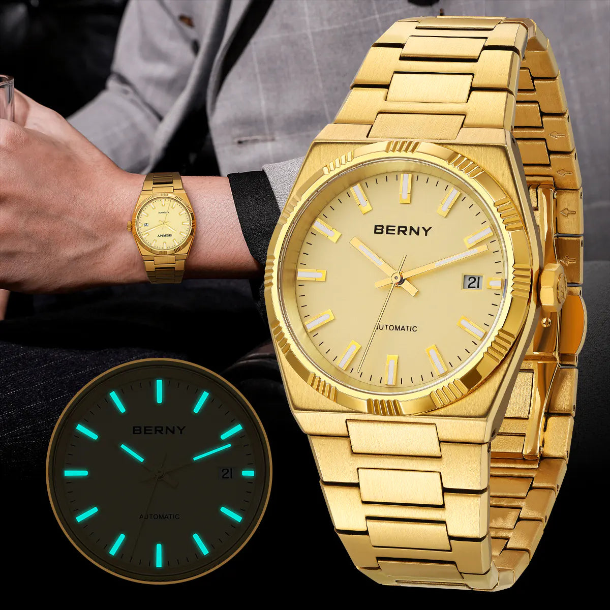 BERNY-Men Automatic Gold Dress Watch- Interchangeable Bezel- AM141M