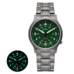 The Berny watch showcases a durable titanium band and a deep green dial. It features luminous hands and markers for easy reading in the dark, as displayed in the inset. This watch combines a stylish aesthetic with practical functionality, perfect for any occasion.
