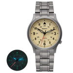 The Berny watch features a titanium strap with a subtle beige dial. It is equipped with luminous hands and markers for visibility in low-light conditions, as shown in the inset. This timepiece offers a blend of elegance and practicality, ideal for any setting.