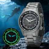 BERNY AMT159MS diving wristwatch with black dial and green glow-in-the-dark feature, set against an underwater scene.
