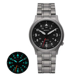 The Berny watch is displayed with a titanium bracelet and a sleek black dial. It features luminous hands and markers for visibility in the dark, as shown in the inset. This watch combines modern design with practical functionality, making it suitable for any setting.