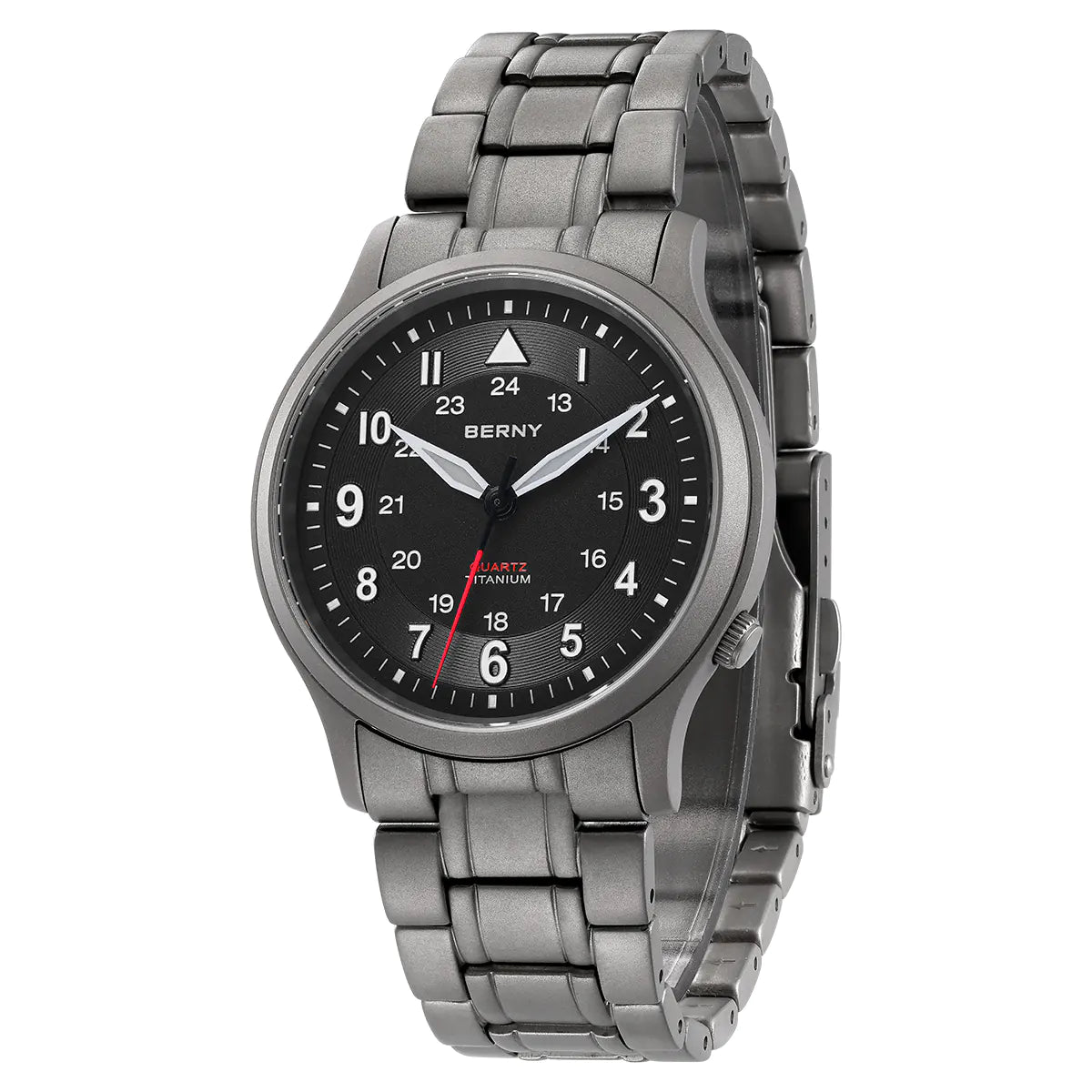 The Berny watch showcases a sleek titanium band and a sophisticated black dial. It features both 12-hour and 24-hour markers along with luminous hands for optimal readability. This watch combines modern elegance with durable functionality, ideal for any occasion.