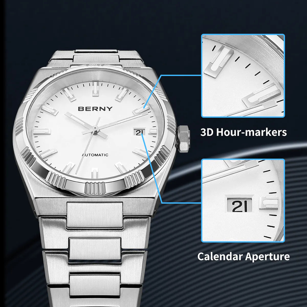 3D hour-markers; calendar aperture