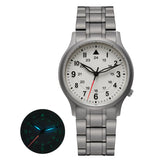The Berny watch features a titanium band and a clean white dial. It includes luminous hands and markers for visibility in low light, as shown in the inset. This timepiece combines elegance and practicality, making it suitable for any occasion.