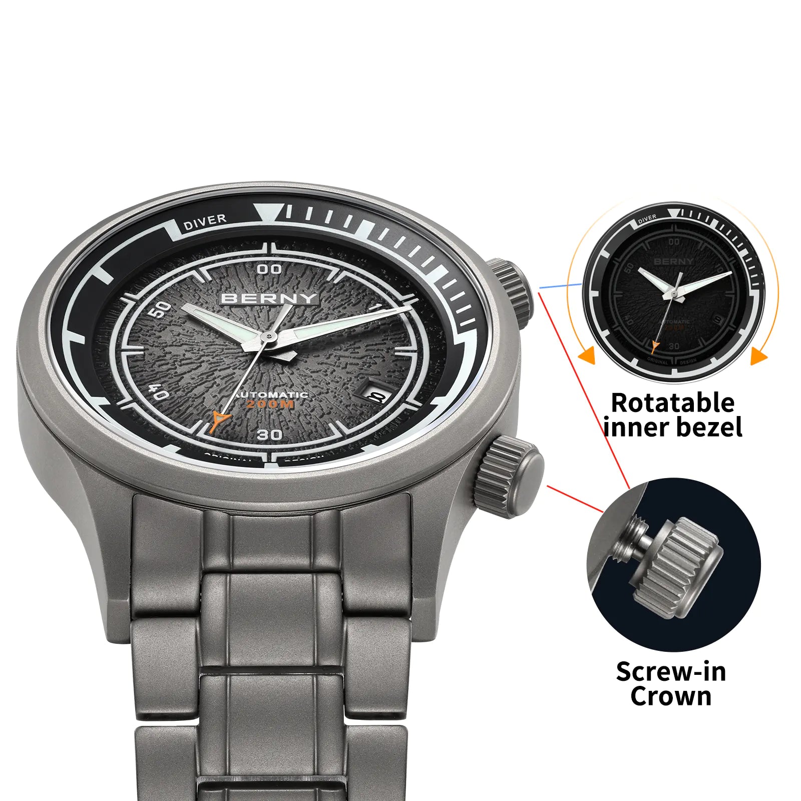 BERNY AMT159MS screw-in dual watch crown operation