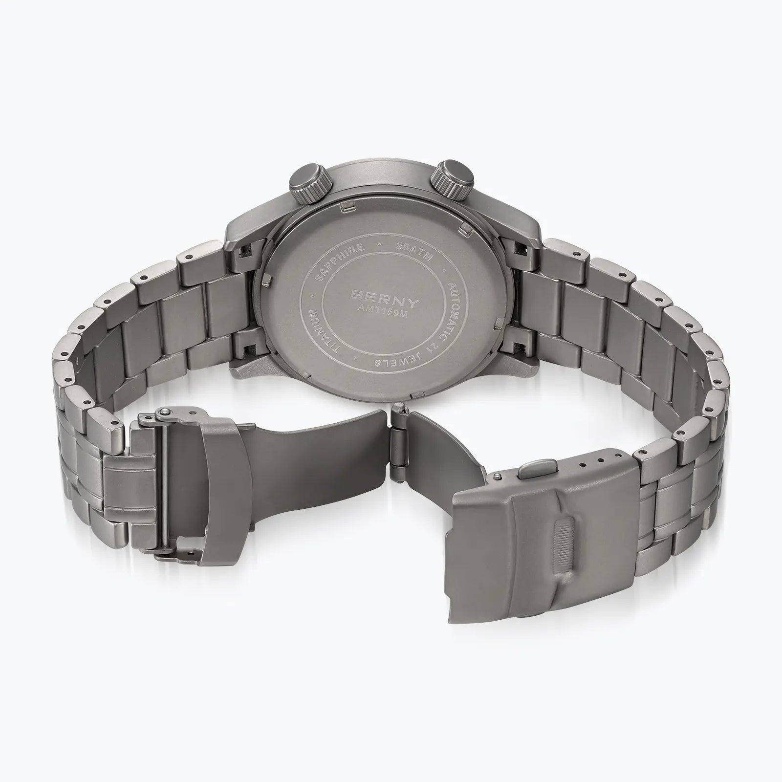 BERNY Titanium Automatic Watch Back Cover, Model AMT163MS, Full Titanium Band with Double Secured Folding Buckle