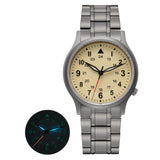 The Berny watch features a titanium bracelet and a classic cream-colored dial. It has luminous hands and markers for excellent night visibility, as highlighted in the inset. This timepiece blends timeless design with practicality, making it a versatile accessory.