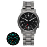 The Berny watch showcases a titanium bracelet and a classic black dial. It features luminous hands and markers for enhanced readability in the dark, as depicted in the inset. This watch offers a blend of sophistication and functionality, perfect for any occasion.