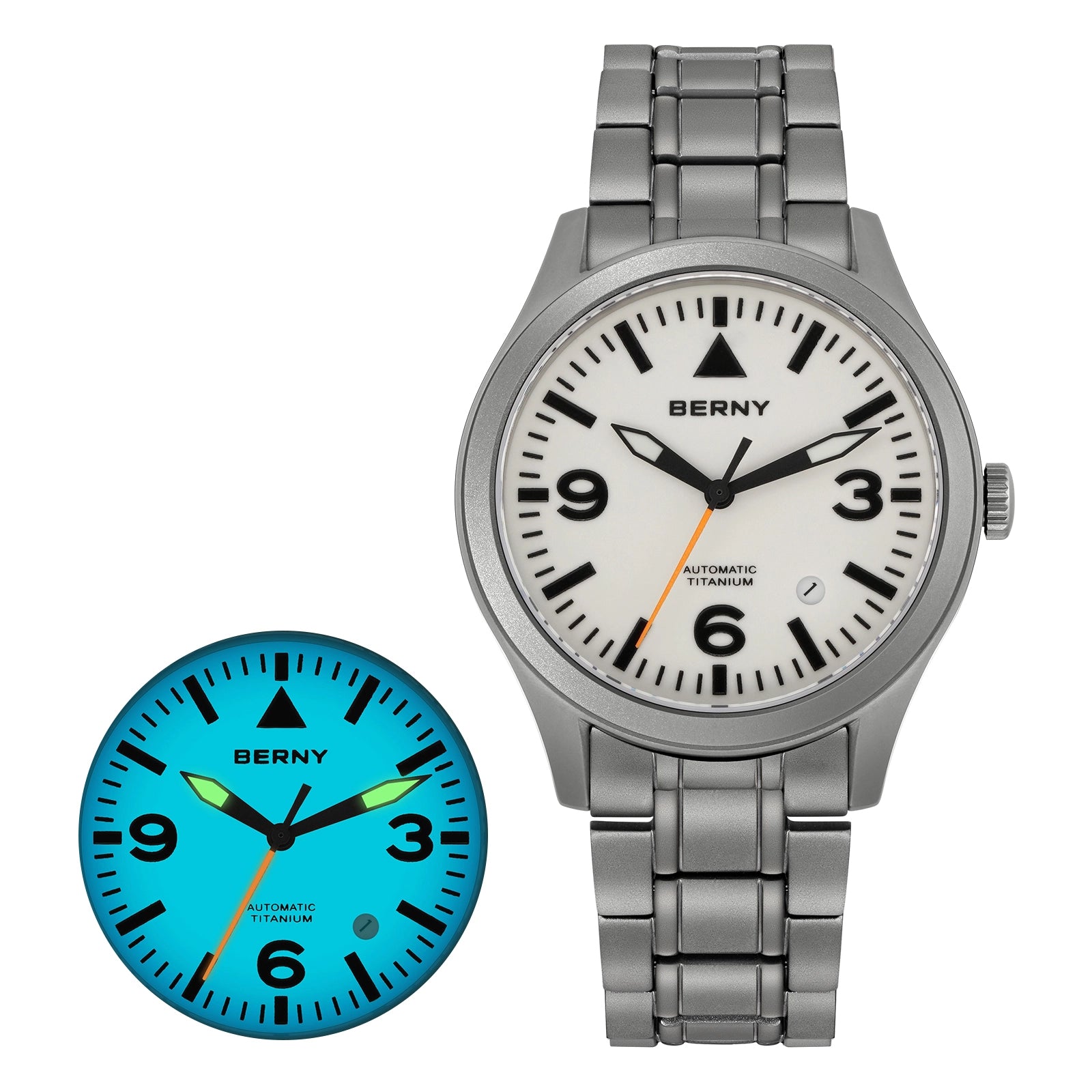 A silver-toned titanium wristwatch with a titanium band and a white dial, shown alongside a smaller inset view of the watch face glowing blue in the dark.
