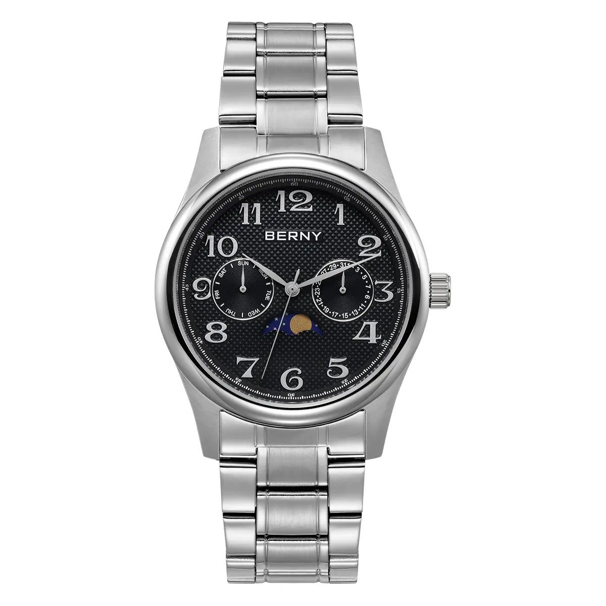 BERNY-2191M-A | Stainless Steel Case | Black Dial | Roman Numeral Indices | Stainless Steel Strap