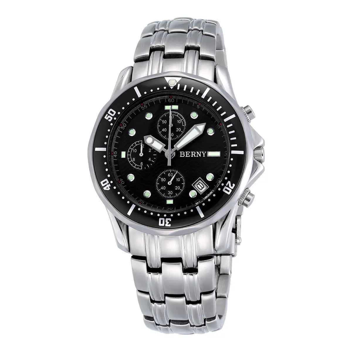 BERNY-2207M-A | Stainless Steel Case | Black Bezel | Black Dial | Stainless Steel Strap